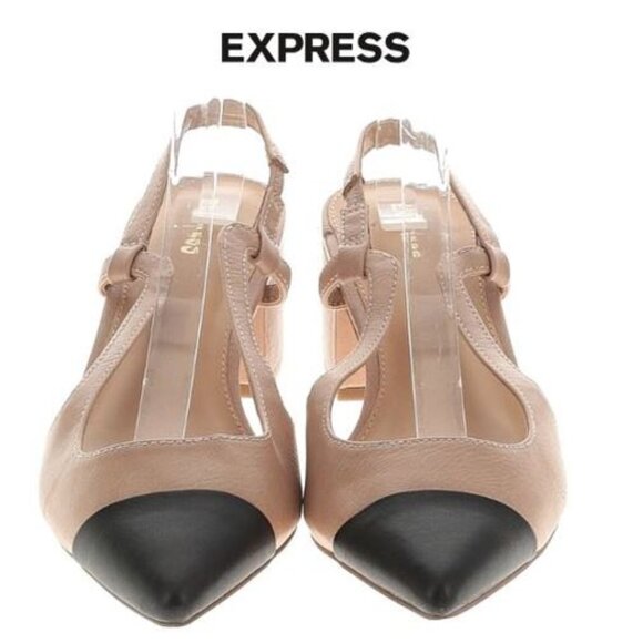 EXPRESS, Classic, elegant tan and black cap toed pointed block heels - Picture 2 of 11